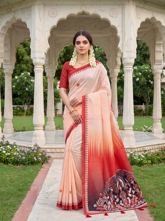 Peach Mulmul Cotton Saree with Traditional Printed Border