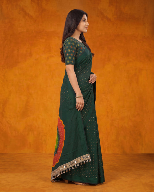 Dark Green Modal Silk Bandhani Saree with Mirror Work