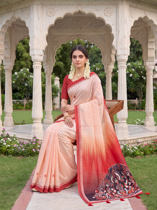 Peach Mulmul Cotton Saree with Traditional Printed Border