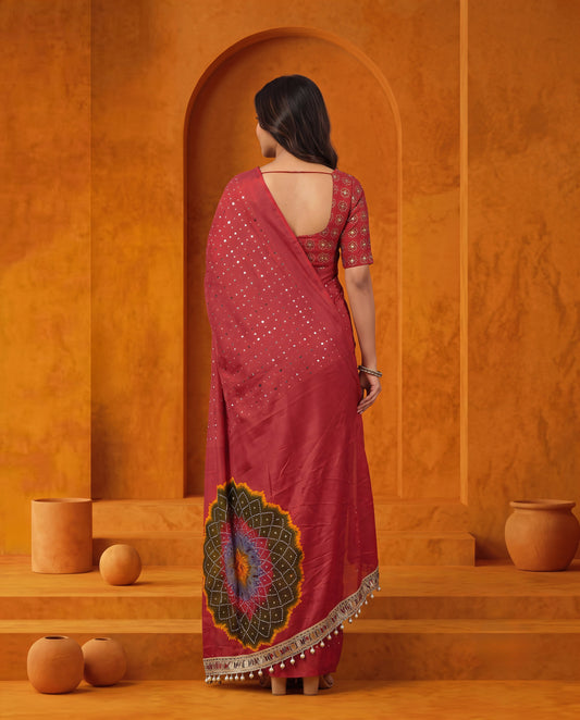 Pink Modal Silk Bandhani Saree with Mirror Work