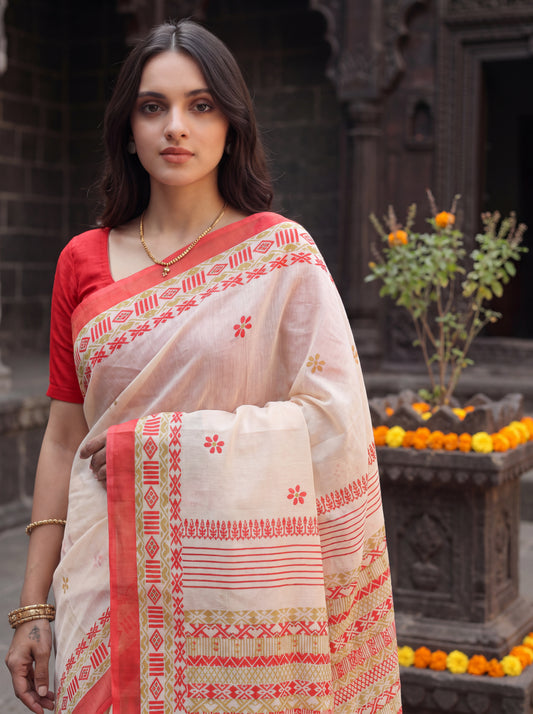 Ivory Mulmul Cotton Saree with Traditional Floral Print, Geometric
