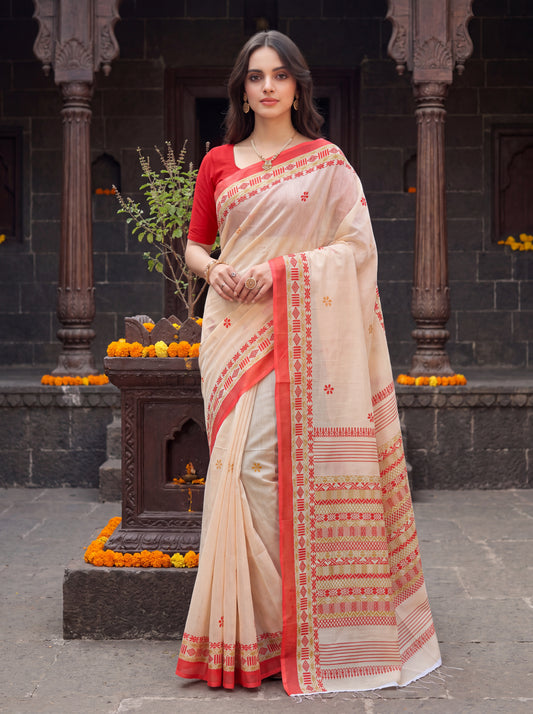Ivory Mulmul Cotton Saree with Traditional Floral Print, Geometric