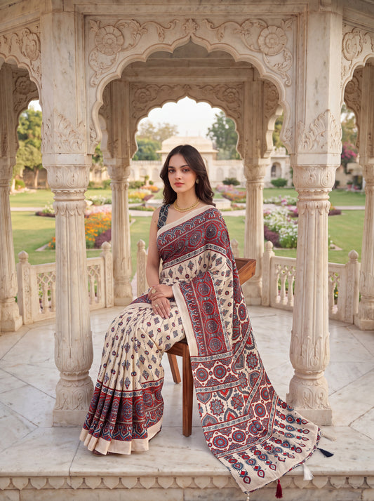 Cream & Red Ajrak Bandhani Patola Saree with Mirror Work