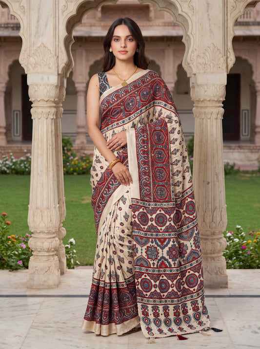 Cream & Red Ajrak Bandhani Patola Saree with Mirror Work