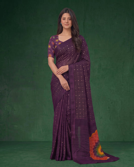 Purple Modal Silk Bandhani Saree with Mirror Work