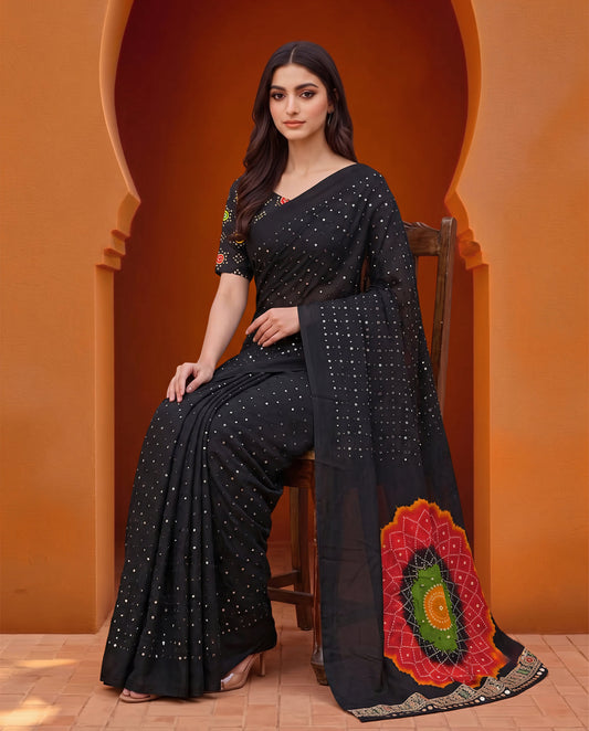 Black Modal Silk Bandhani Saree with Mirror Work