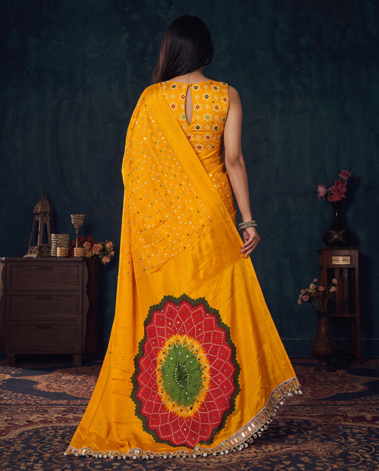 Yellow Modal Silk Bandhani Saree with Mirror Work
