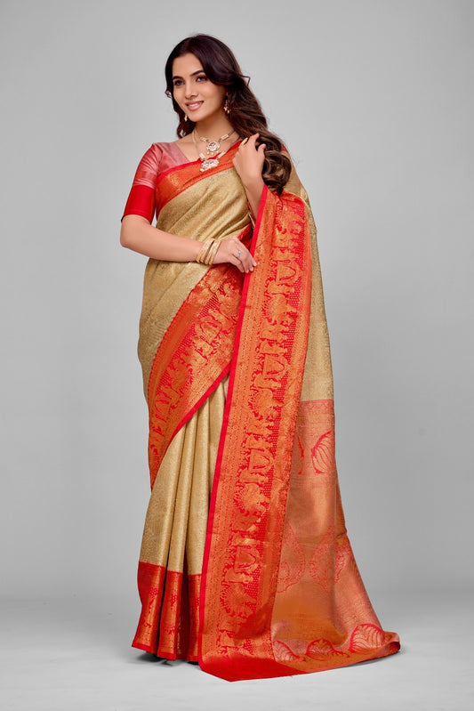 Pure Kanjivaram Silk Woven Designer Saree — Cream & Red