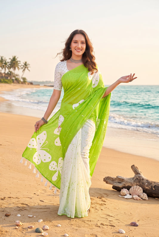 Green Cotton Saree with White Butterfly Print