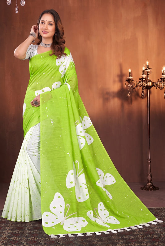 Green Cotton Saree with White Butterfly Print