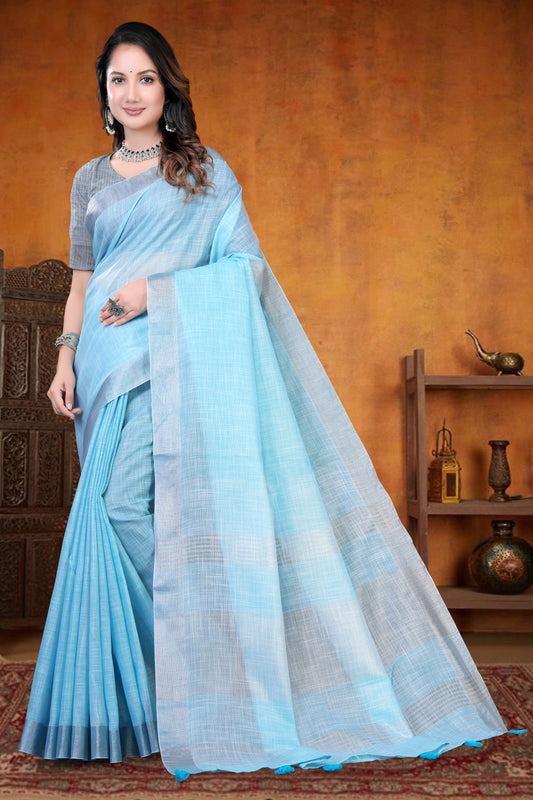 South Cotton Saree with Striped Pallu & Tassels
