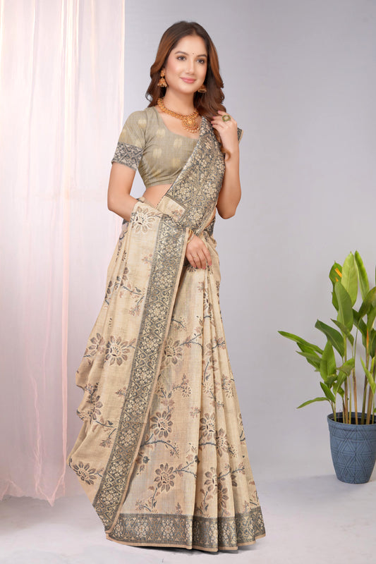 Woven Cotton Saree with Tonal Zari Floral Jaal Pallu