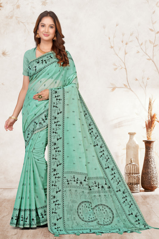 Ready to Wear Woven Cotton Saree with Warli Tribal Art Heritage Print