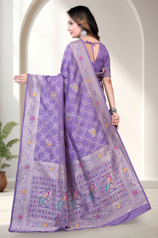 Tissue Silk Saree with Peacock Motifs, Geometric Woven Design