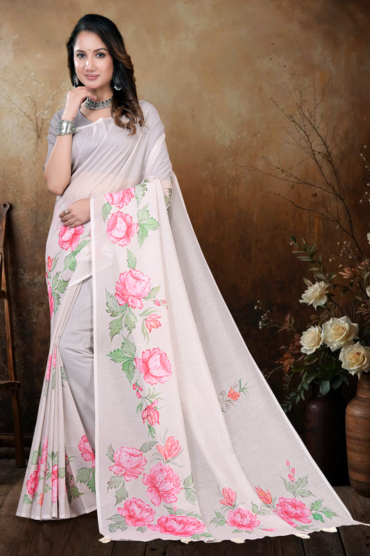 Cream Mul Cotton Printed Saree with Elegant Floral Print