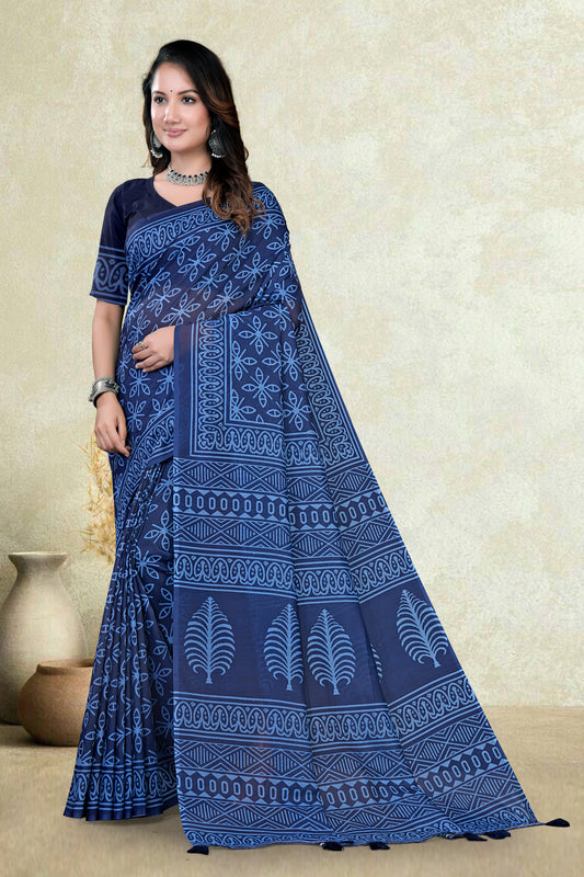 Indigo Blue Mul Cotton Printed Saree with All-Over Geometric Batik