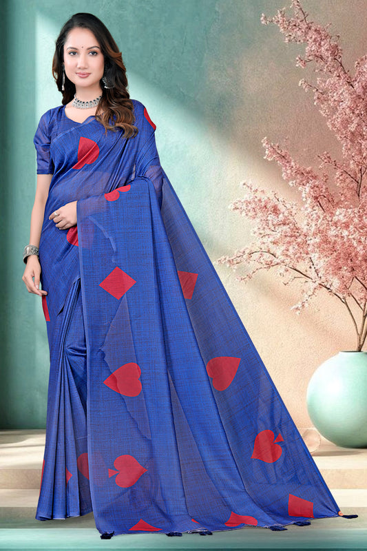 Navy Blue Mul Cotton Printed Saree with Queen of Hearts