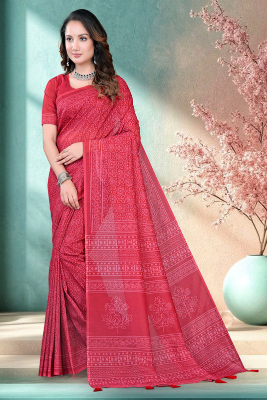 Maroon Mul Cotton Printed Saree with All-Over Geometric Batik Print