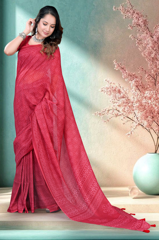 Maroon Mul Cotton Printed Saree with All-Over Geometric Batik Print