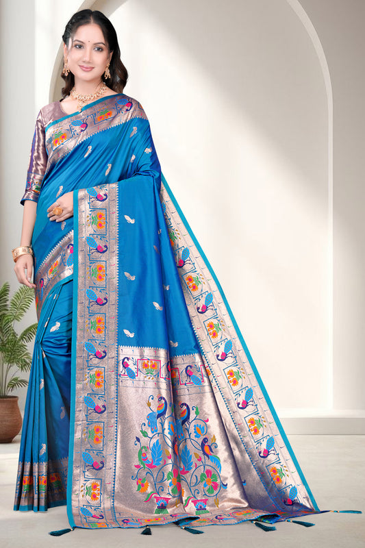 Paithani Silk Saree with Peacock Motifs Floral Woven Border