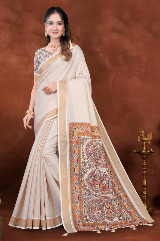 Cream Cotton Saree with Heritage Madhubani Inspired Pallu