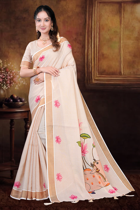 Cream Cotton Saree with Lotus & Traditional Elephant Print