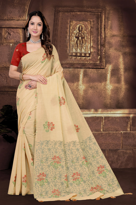 Woven Cotton Saree with Terracotta Floral Butti Motif