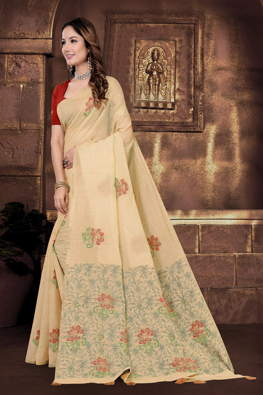Woven Cotton Saree with Terracotta Floral Butti Motif