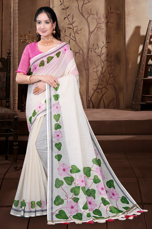 White South Cotton Saree with Floral Vine Print