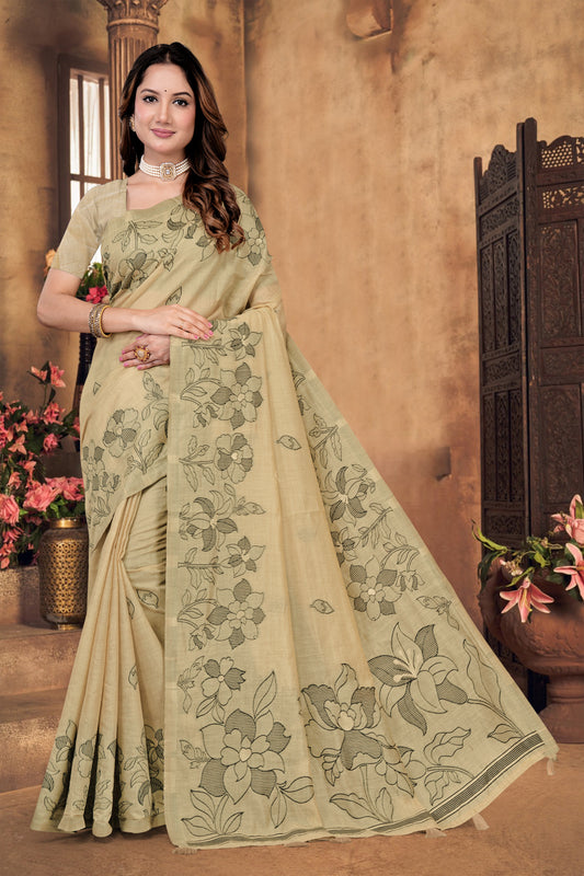 Ready-to-Wear Woven Cotton Saree with Pre-Stitched Floral Jacquard