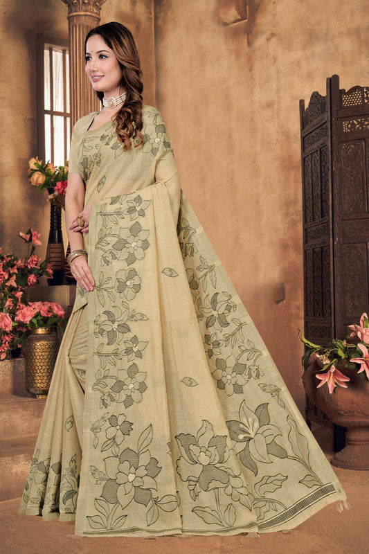 Ready-to-Wear Woven Cotton Saree with Pre-Stitched Floral Jacquard