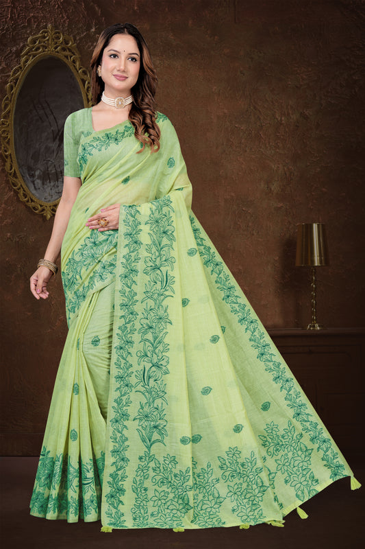 Woven Cotton Saree with Floral Jacquard Weave in Multi-Colour