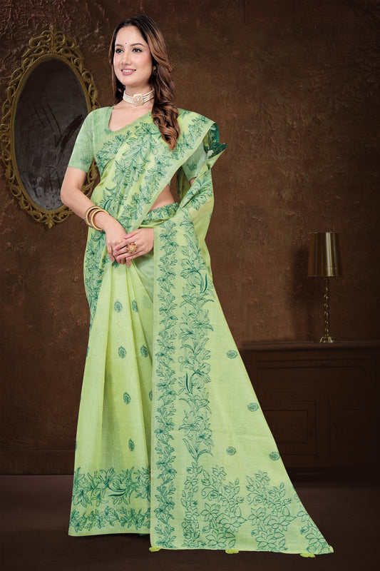 Woven Cotton Saree with Floral Jacquard Weave in Multi-Colour