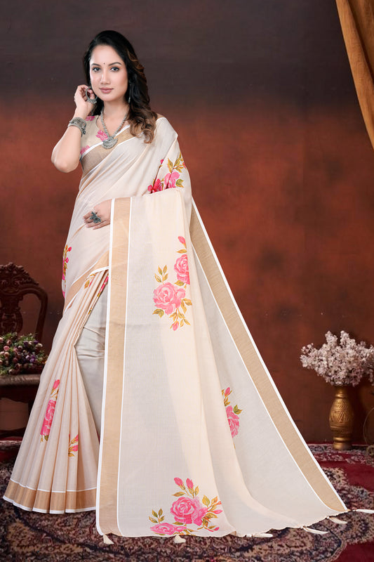 Cream Cotton Saree with Elegant Floral Print