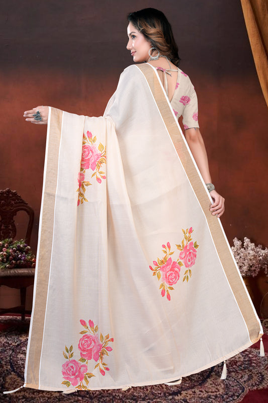 Cream Cotton Saree with Elegant Floral Print