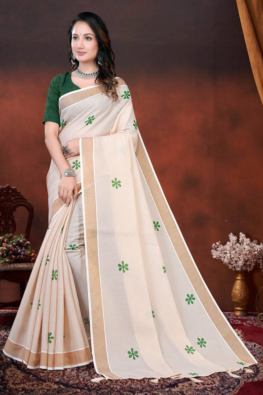 Cream Cotton Saree with Minimal Floral Print