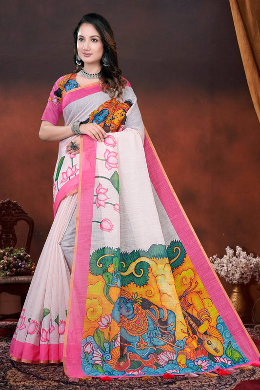 White South Cotton Saree with Radha Krishna Print