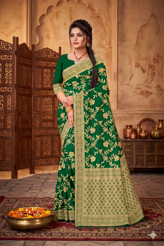 Banarasi Jacquard Woven Saree with Rich Floral Zari Work & Designer Pallu