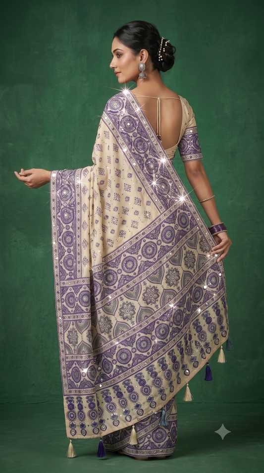 Cream & Purple Ajrak Bandhani Patola Saree with Traditional Floral