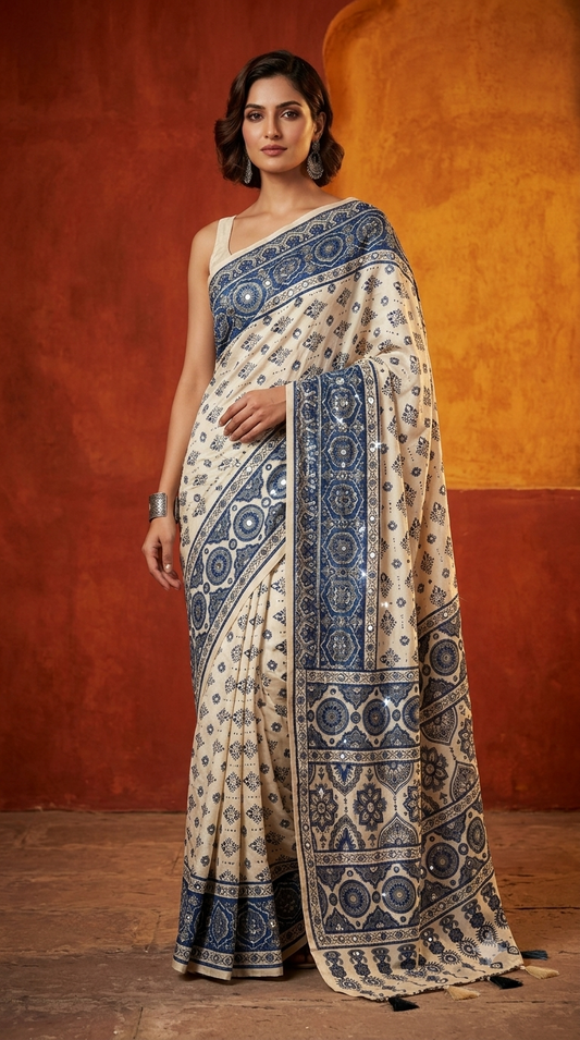 Blue Ajrak Bandhani Patola Saree with Traditional Indigo Floral