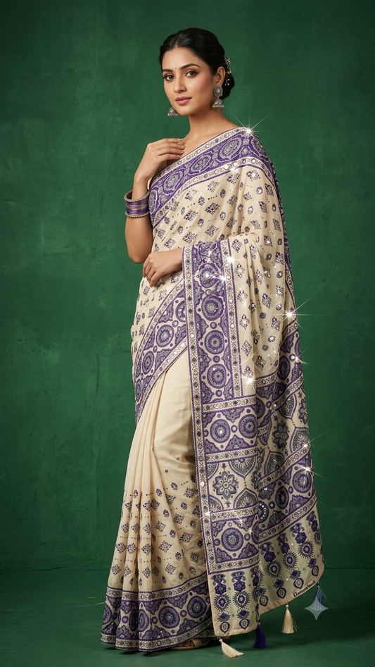 Cream & Purple Ajrak Bandhani Patola Saree with Traditional Floral