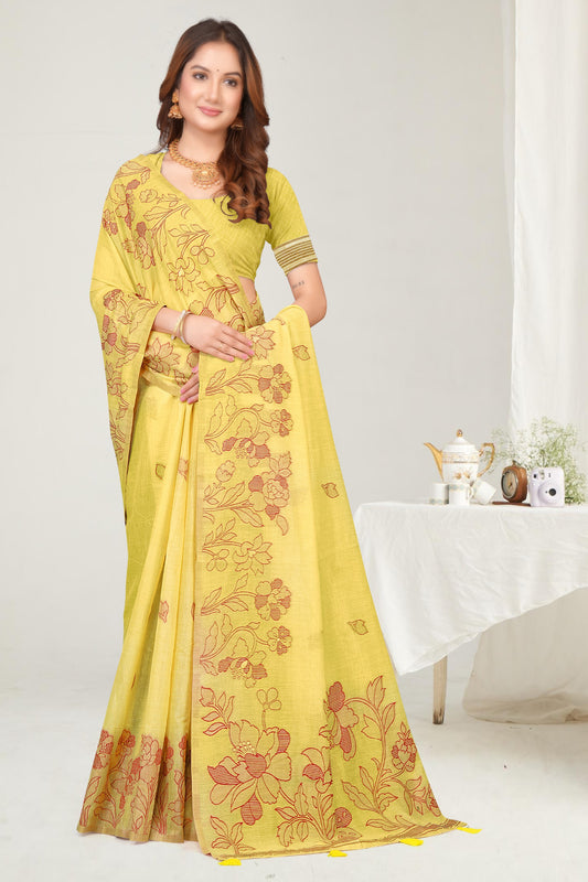Woven Cotton Saree with Elegant Floral Jacquard Weave in Multi-Colour