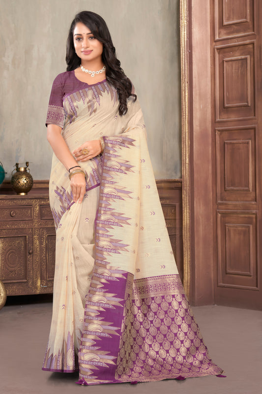 Linen Woven Saree with Temple Zari Border