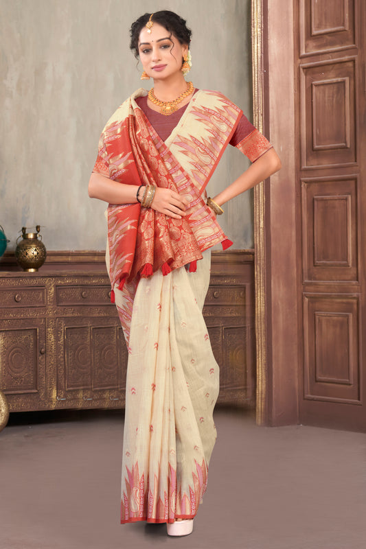 Linen Woven Saree with Temple Zari Border