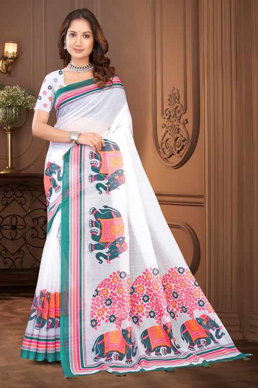 White Cotton Saree with Colourful Contemporary Print With Elephant Motif