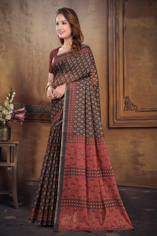Brown Cotton Saree with Bagru Block Print and Gold Zari Border