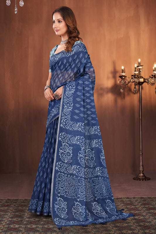 Indigo Blue Cotton Saree with Batik Print and Gold Zari Border