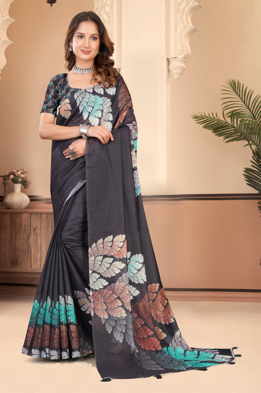 Black Cotton Saree with Botanical Fern Print