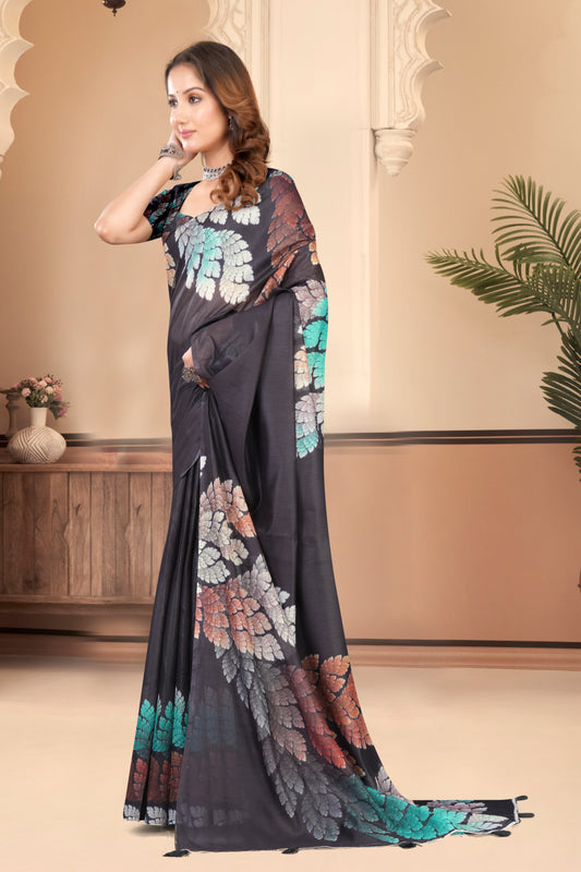Black Cotton Saree with Botanical Fern Print