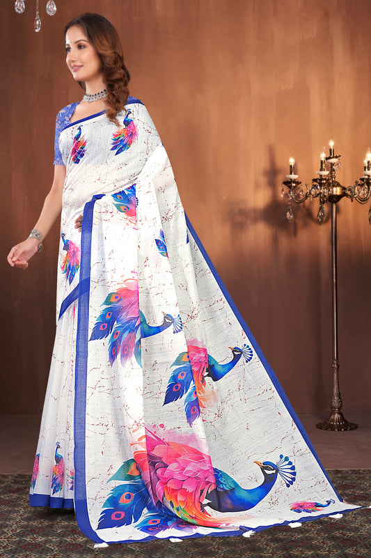 White Cotton Saree with Vibrant Peacock Crackle Print